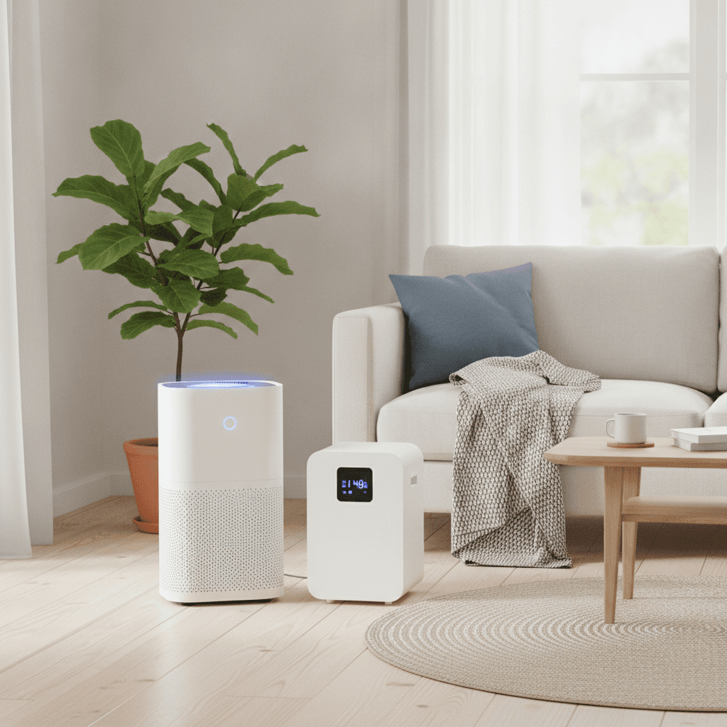 Déshumidificateur et purificateur d\'air dans un salon lumineux